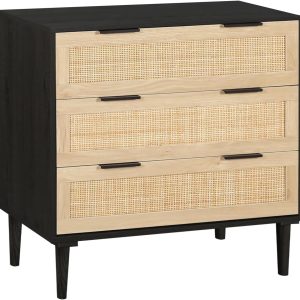HOPUBUY Cómoda moderna de ratán con 3 cajones, cómoda de almacenamiento de madera negra para niños, pasillo, sala de estar