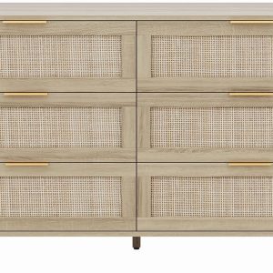 Angel Sar Cómoda de ratán de 51 pulgadas para dormitorio, cómoda de 6 cajones, cómoda bohemia y de granja, armario de almacenamiento de ropa, mango de metal y patas de madera para pasillo