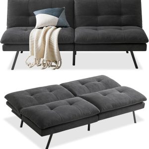 MUUEGM Sofá cama tipo futón, sofá cama convertible, sofá biplaza con respaldo ajustable, futón plegable de espuma viscoelástica para sala de estar, espacio pequeño, apartamento, oficina, gris a negro