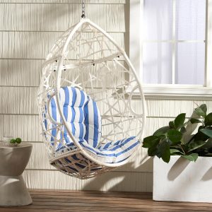 Christopher Knight Home Cayuse Outdoor Wicker Hanging Egg Chair, White and Blue